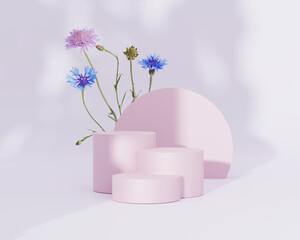 3D podium display set on pastel pink  and nature white background copy space with field flowers, cornflower and summer shadow. Lilac Showcase pedestal. Trendy abstract 3D render illustration template