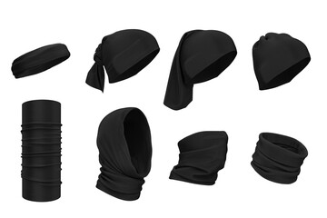 Wall Mural - How to wear buffs. Set of black buffs on the face, neck, on the head. Clothing presentation. 3d realistic illustration of clothes, hats. Template, mockup for design, logo, branding.