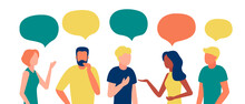 Group People African, American, Caucasian Communication Via Internet, Social Networking, Chat, Video, News, Messages. Team Man And Woman Talk, Discussion Together. Vector Illustration