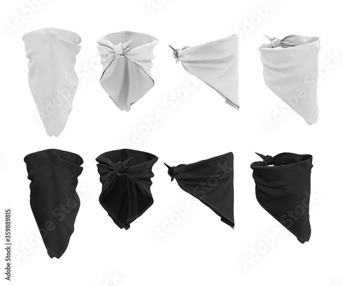 Download Empty Mockup Template For Design Logo Brand Of Black And White Bandana On The Face 3d Illustration Of A Realistic Scarf Bandana Isolated On White Background Front Side And Back Views Stock