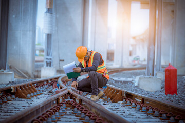 Engineer under inspection and checking construction process railway switch and checking work on railroad station .Engineer wearing safety uniform and safety helmet in work.