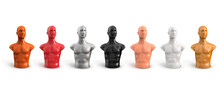 Bust, Torso Of A Male Plastic Mannequin Of Different Colors Isolated On A White Background. Vector 3d Illustration. The Human Body Of A Man. Presentation Mannequin.