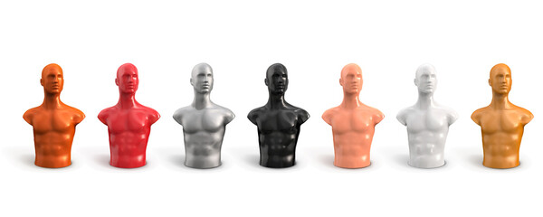 Wall Mural - Bust, torso of a male plastic mannequin of different colors isolated on a white background. Vector 3d illustration. The human body of a man. Presentation mannequin.