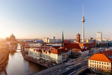 Berlin sunset cityscape aerial view with television tower and spree river