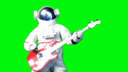 Wall Mural - Funny astronaut play to bass guitar . Green screen. Realistic 4k animation.