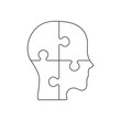 Human head in a form of a puzzle. Infographic template. Four jigsaw pieces make a whole. Black outline on white background. Questions in human mind. Problem solving. Vector illustration, flat,clip art