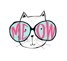Vector illustration with cat in glasses. Cute typography black and white poster with lettering - meow. Hipster style print design