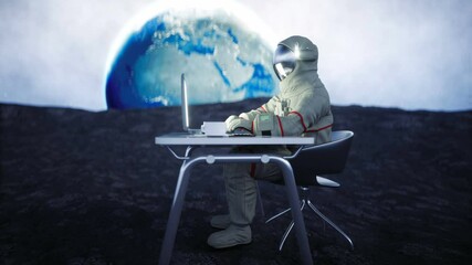 Wall Mural - Astronaut on the moon working with notebook . Realistic 4k animation.