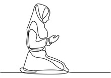 Continuous Line Drawing Of A Muslimah Women Pray For Allah And Raise Their Hands In Hijab Isolated On White Background. Character Woman Prays To Alah. Beautiful Female Islamic Praying Concept.