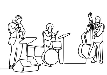 Wall Mural - One line drawing jazz music player. A group of cello player, trumpet and saxophone person isolated on white background. People with classical music instruments. Jazz group player minimalism design