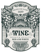 Wine label with a grape bunches, a seashell, architectural column and inscriptions in a figured frame. Vector ornate hand-drawn label in baroque style