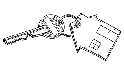 Sticker - Vector cartoon drawing conceptual illustration of home key with family house keyring.Renting, buying or owning house or apartment.