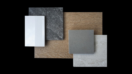 top view of combination of interior material samples containing wooden ,black marble ,grey travertine tiles and high gloss white solid acrylic , grey synthesis stone isolated on black background.