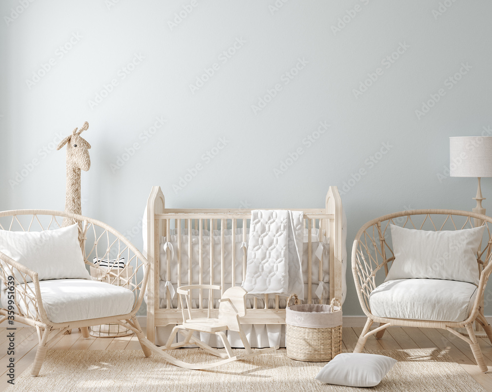 Cozy light blue nursery with natural wooden furniture, 3d render - obrazy, fototapety, plakaty 