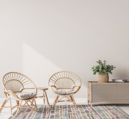 Interior house with simple white background mock up. wooden rattan armchairs with console and green plant. Scandinavian living room design concept. 3D render.
