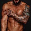 © Sibashouse - Bodybuilder with muscle torso. Banner image of sexy man with muscular body. Portrait of sexi male model. Hot macho in abs poses on black background. 16 in 9 crop for design
