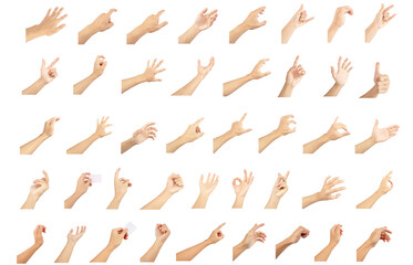 Wall Mural - hand collection in gestures with white skin isolated on white background