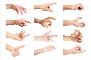 Wall Mural - close up multiple hand in gestures of man and woman with old woman isolated on white background