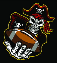 Pirate Football Skull Mascot Holding Ball For School, College Or League
