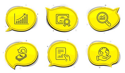 Wall Mural - cashback sign. diploma certificate, save planet chat bubbles. data analysis, document and graph char