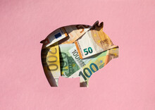 Pig Shaped Hole Filled With Euro Banknotes