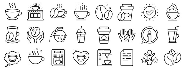 Beans, hot cocktail and coffee maker machine. Coffee line icons. Espresso cup, cappuccino with whipped cream line icons. Latte vending machine, breakfast drink and roasted beans. Vector