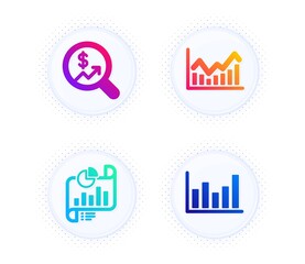 Wall Mural - Report document, Currency audit and Infochart icons simple set. Button with halftone dots. Column chart sign. Growth chart, Stock exchange, Financial graph. Finance set. Vector