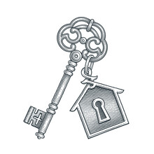 Vintage Key With Keychain. Hand Drawn Engraving Style Illustrations.
