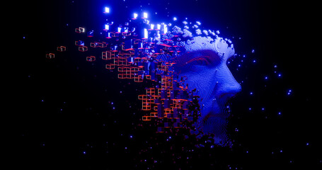 Poster - Abstract digital human face.  Artificial intelligence concept of big data or cyber security. 3D rendering