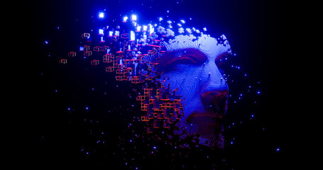 Poster - Abstract digital human face.  Artificial intelligence concept of big data or cyber security. 3D rendering