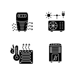 Poster - Air heating black glyph icons set on white space. Air purifier, hybrid conditioner, heater and dehumidifier silhouette symbols. Various domestic ventilation appliances. Vector isolated illustrations