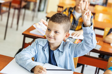 Wall Mural - Young school boy in classroom.He sitting at the desk and rising hand up to answer teacher question. Educational concept.