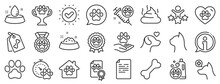 Veterinary, Dog Care And Cat Food. Pets Line Icons. Lovely Animals, Shampoo For Pets And Doghouse Icons. Vaccine, Pet Care And Dog Paw. Winner Cup, Certificate And Medal. Animal Feces. Vector