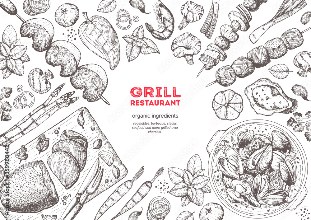 Grilled meat and vegetables top view frame. Vector illustration ...