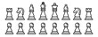 Chess icons set. Outline set of chess vector icons for web design isolated on white background