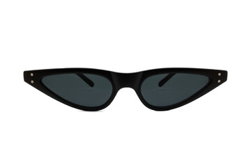 Poster - Black triangular cat eye sunglasses with thick frames and black matte lenses isolated on white background. Front View.