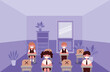 © Grgroup - Girls and boys kids on desks with medical masks at classroom design, Back to school and social distancing theme Vector illustration