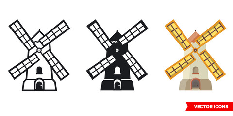 Wall Mural - Mill icon of 3 types. Isolated vector sign symbol.