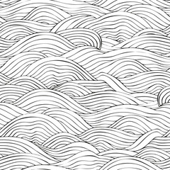 Wall Mural - Ocean Waves seamless pattern. Coloring book page for adult and children. Hand-drawn, Black and white Sea Waves. Doodle, vector design element.