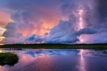 Lightning In Sky During Sunset Over Wetlands