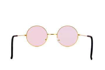 Poster - Street style oval sunglasses with thin golden metal frame, clear pink lens, isolated on white background, first person view (pov, fpv).