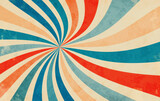 Fototapeta  - retro starburst sunburst background pattern and grunge textured vintage color palette of orange red beige peach and blue in spiral or swirled radial striped vector design