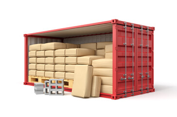 3d rendering of red shipping container filled with packs, bricks and wooden pallets isolated on white background