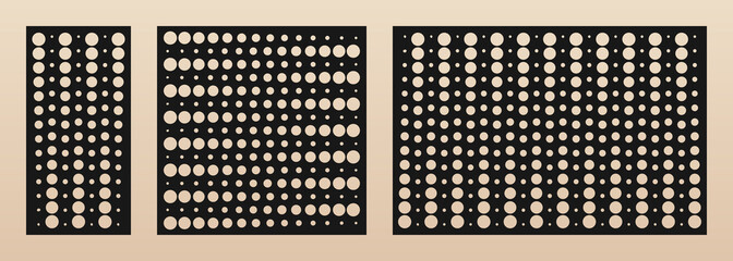 Laser cut panel set. Vector template with modern geometric pattern, halftone dots texture, gradient transition effect, grid, circles. Decorative stencil for laser cutting. Aspect ratio 1:2, 1:1, 3:2