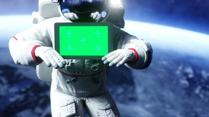 astronaut in space with tablet, monitor. realistic 4k animation.