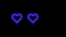Blue Hearts On Black Background. Three Neon Gradually Appearing Hearts. Bright Glowing Element. 