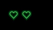Green Hearts On Black Background. Three Neon Gradually Appearing Hearts. Bright Glowing Element.
