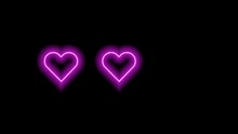 Pink Hearts On Black Background. Three Neon Hearts Gradually Appearing. Bright Blinking Glowing Element. 