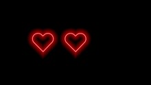 Red Hearts On Black Background. Three Neon Hearts Gradually Appearing. Bright Blinking Glowing Element. 