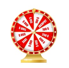 Golden Wheel Of Fortune 3d Realistic Vector. Big Six Wheel With Different Money Prizes, Jackpot And Lose Red, White Segments, Gold Pointer And Lamps On Skirting. Casino Gambling Spinning Machine